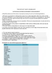 English Worksheet: THE GIFTS OF YOUTH VOCABULARY  EXPRESSING OPINION/AGREEMENT/DISAGREEMENT