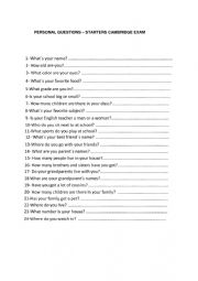 English Worksheet: Questions for Starters speaking Cambridge Exam 