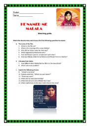 English Worksheet: He named me Malala (Watching guide)