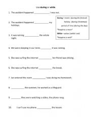English Worksheet: During and While Sentence Cloze 2