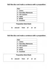 English Worksheet: Preposition Dice Game