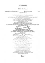 English Worksheet: Ed Sheeran - One