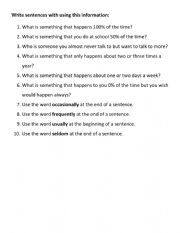 English Worksheet: Frequency Adverbs Sentence Writing Prompts