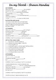 English Worksheet: Song - In my blood Shawn Mendes