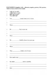 English Worksheet: PAST SIMPLE irregular verbs  affirmative, negative, questions, WH- questions