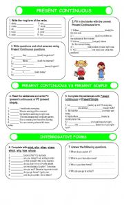 English Worksheet: Present Continuous, Present Simple and Questions Words
