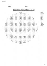 English Worksheet: Wordsearch Number 1 to 12
