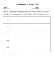 English Worksheet: Summarizing Using the 5Ws