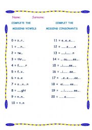 English Worksheet: NUMVERS WITH VOWELS AND CONSONANTS