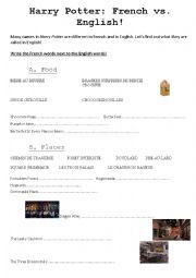 English Worksheet: Harry Potter: French vs English 