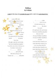English Worksheet: yellow by coldplay, past simple verbs