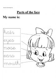 English Worksheet: Parts of the face trace writing 