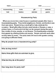 English Worksheet: Housewarming Party