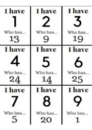 English Worksheet: I have, Who has Numbers 1 - 25