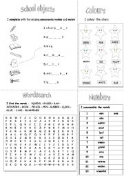 English Worksheet: School Objects + Colors + Numbers all in one 
