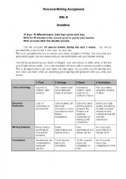 English Worksheet: Personal Journal Writing Assignment