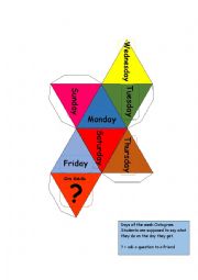English Worksheet: DAYS OF THE WEEK OCTOGRAM DICE - SPEAKING ACTIVIY - INSTRUCTIONS INCLUDED