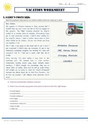 English Worksheet: Vacation / Holiday Worksheet - Postcard, tenses, questions, vocabulary... Part 1