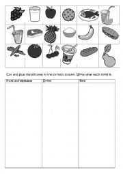 Food, cut and glue the different pictures in the correct column. Write their names