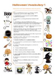 Halloween vocabulary matching picture with definition and keys n1