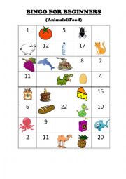 English Worksheet: Bingo (Animals & Food)