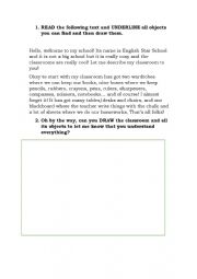 English Worksheet: CLASSROOM OBJECTS READING