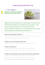 English Worksheet: Colcannon - A yummy Irish receipe for Saint Patricks day