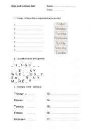 English Worksheet: Days of the week and numbers 11-20