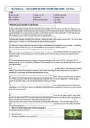 English Worksheet: we learn to give share and care part 1
