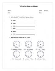English Worksheet: Test of English Time oclock