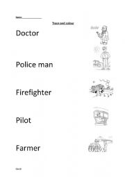 English Worksheet: Jobs - match, trace, colour