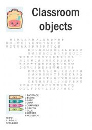 English Worksheet: classroom objects word search