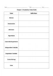 English Worksheet: Biology Chapter 1 Vocab Review