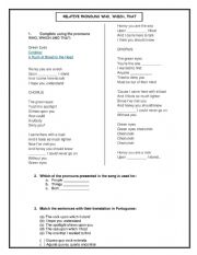 English Worksheet: Green Eyes - Relative Pronouns Song Activity