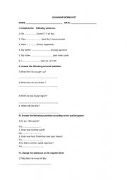 English Worksheet: GRAMMAR WORKSHEET