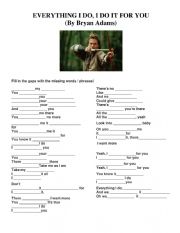 English Worksheet: Bryan Adams: Everything I do worksheet : B2 / C1 