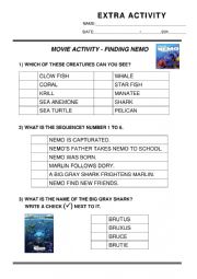 English Worksheet: Video Activity - Finding Nemo - While watching