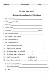 English Worksheet: Getting to Know Me