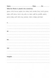 English Worksheet: Write the Words in plural in the correct box.