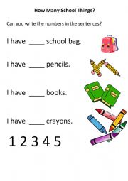 English Worksheet: How many school things?