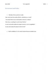 English Worksheet: environment and politics