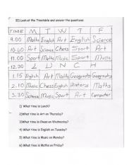 Weekend Worksheet Timetables - Answer the questions