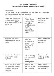 English Worksheet: Ice Breaker Activity for the first day of school - Silly Questions