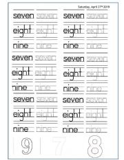 English Worksheet: Number 7-9