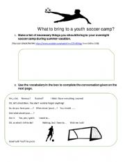 English Worksheet: What to bring to a soccer camp