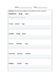 English Worksheet: Animals, adjectives, and body part