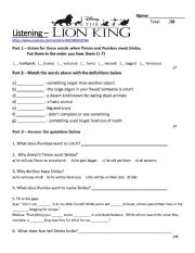 English Worksheet: Lion King - Timon and Pumbaa meet Simba + Movie Trailer