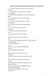 English Worksheet: Rewriting worksheet: rewrite the sentences starting with the words given 3