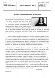 English Worksheet: End of semester test 1   4th form  /the super businesswoman behind the bodyshop 