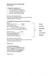 English Worksheet: Where were you in the morning - Shawn Mendes worksheet